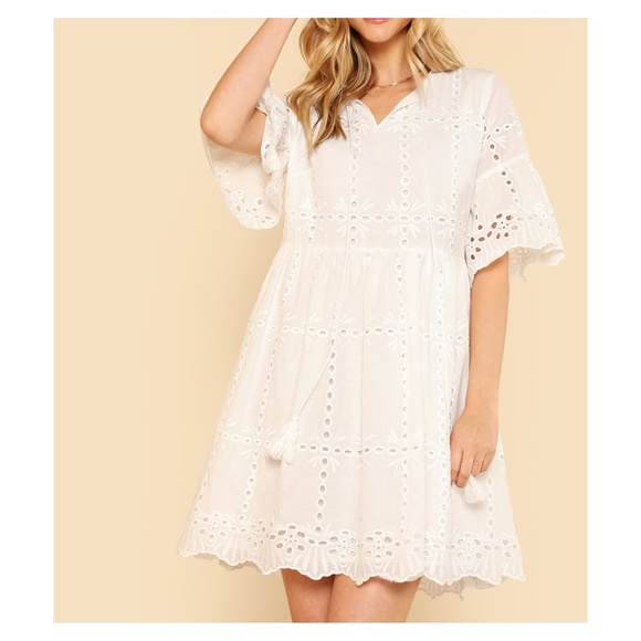 White Short Sleeve Eyelet Tassel Dress - Picture 2 of 5